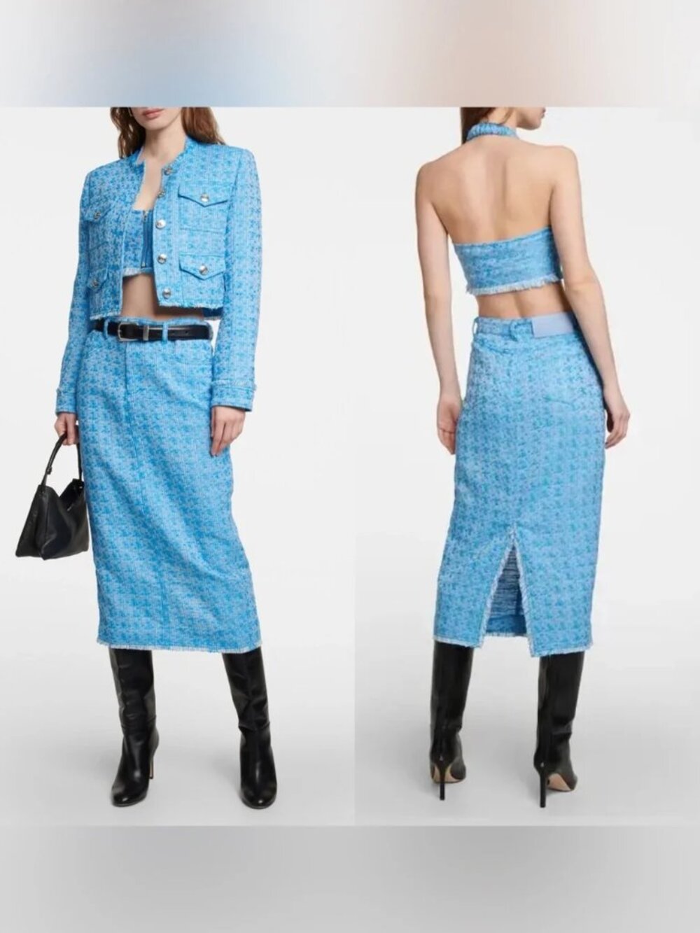 STAUD  Pacific Blue Guinevere Tweed Skirt with back slit and button closure NWT